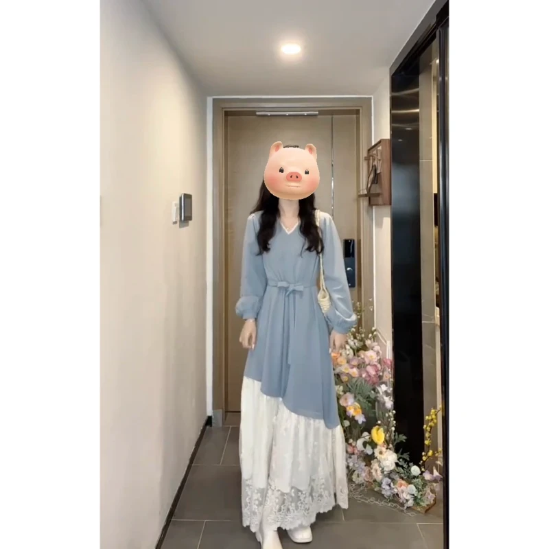 MO88ZSPF大码【山岛半茶】秋季拼接假两件连衣裙洋气显瘦温柔长裙子