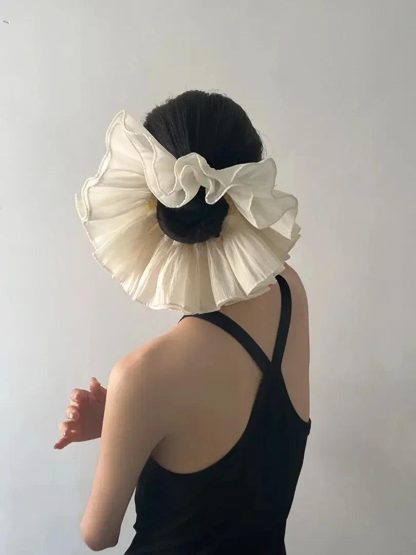 爆款洋气超大褶皱双层发圈大肠圈感黑白气质头花百搭发饰黑色头饰