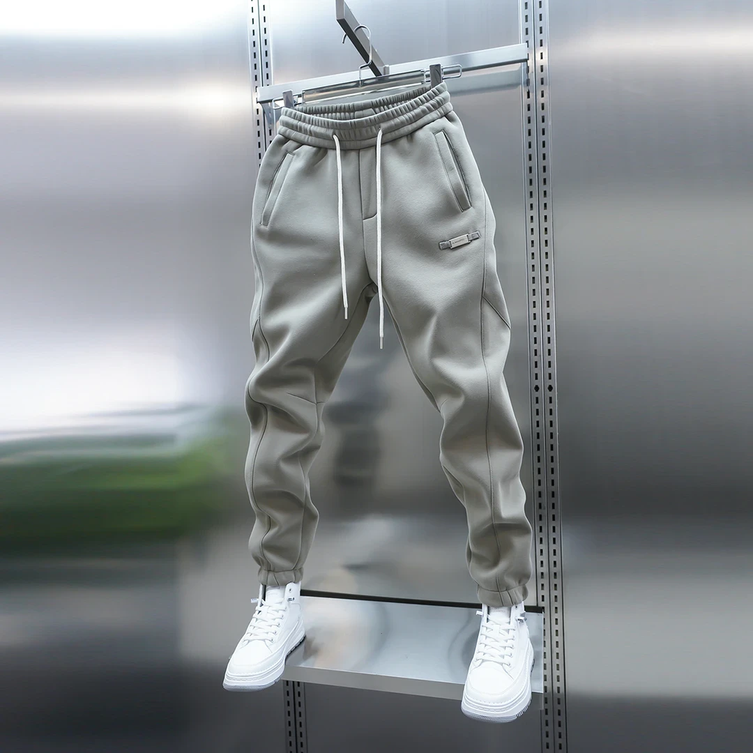 2026新款秋冬潮流男士加绒运动卫裤百搭纯色束脚休闲裤弹力松紧腰