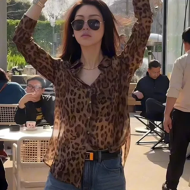 美式豹纹长袖防晒衬衫女夏季薄款叠穿宽松设计感复古时尚气质上衣