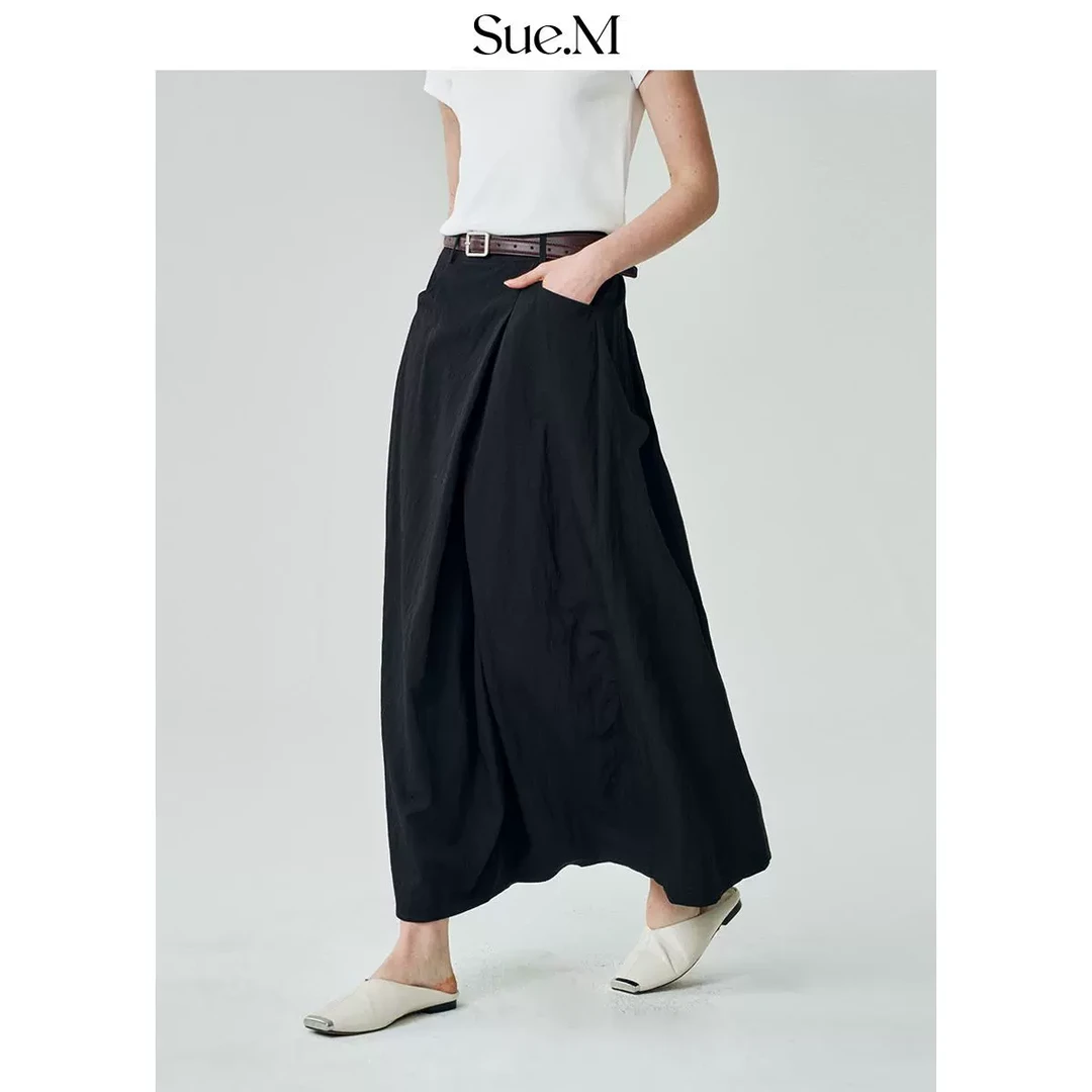Sue.m不规则半身裙高腰花苞裙遮肉显瘦百褶裙女中长款气质a字裙