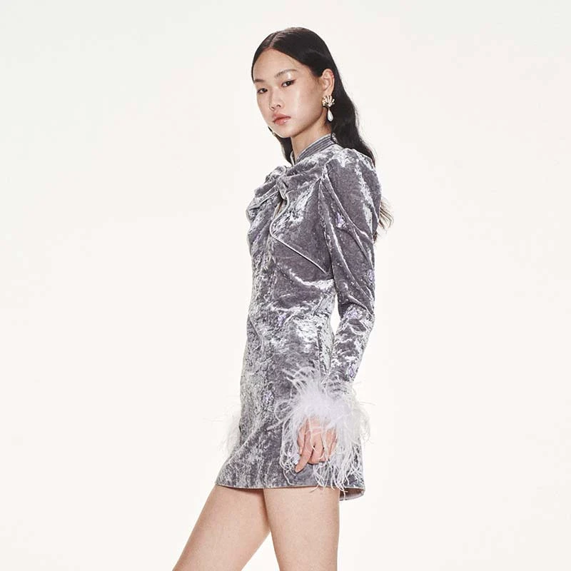 【若谷大大】LE FAME/拉飞姆刺绣小花羽毛边丝绒中式连衣裙O308