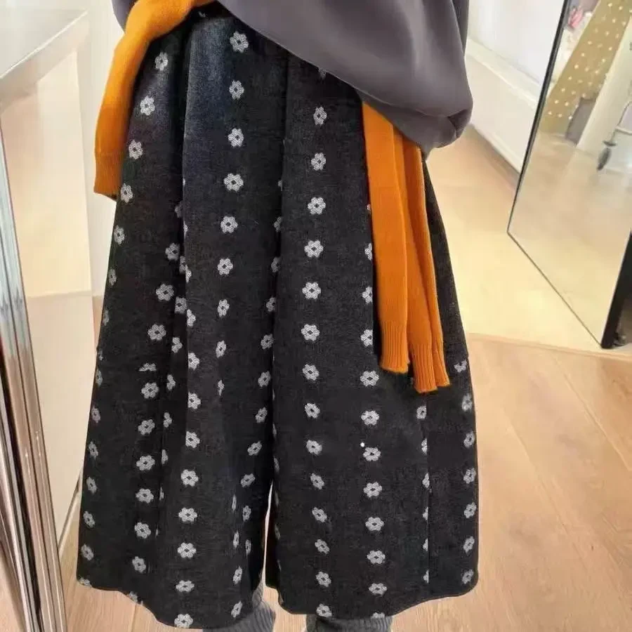 《朵妈衣橱》复古花朵松紧腰加绒毛呢A字阔腿休闲女裤