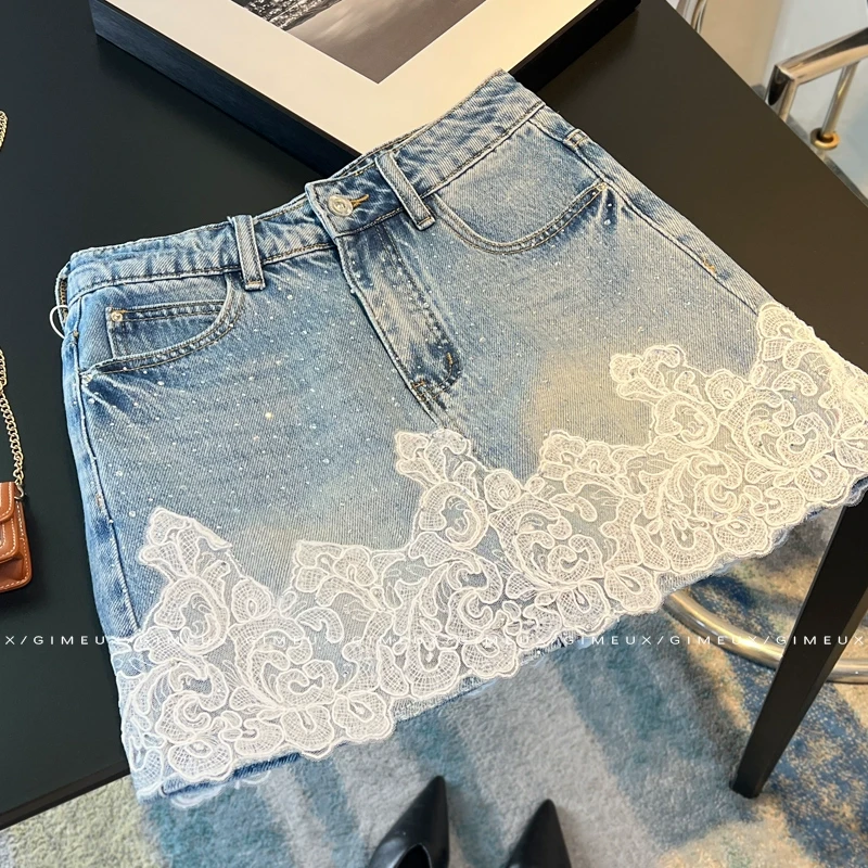 高级感蕾丝拼接牛仔短裙女2025夏季新款新遮胯显瘦洋气时尚a字裙