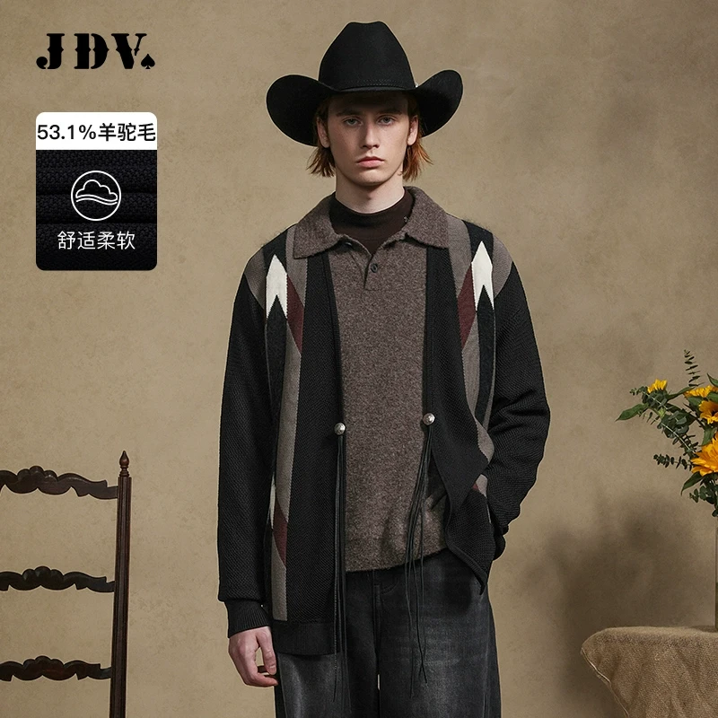 JDV2025商场同款秋冬新款黑色羊驼毛撞色V领针织开衫外套WYN4234