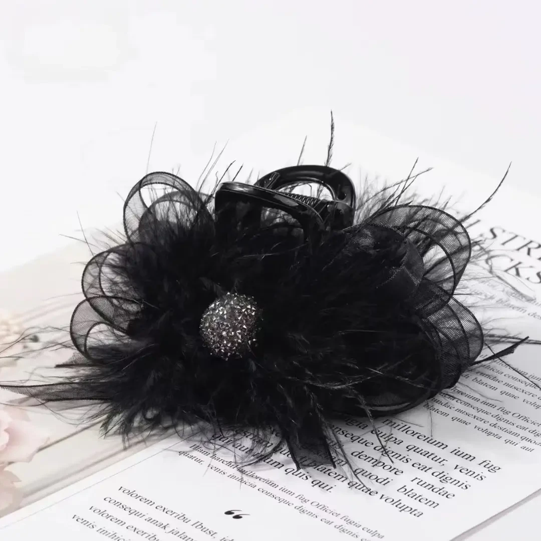 新款气质浪漫时尚非金属毛毛抓夹脑勺高级感羽毛抓夹发饰.