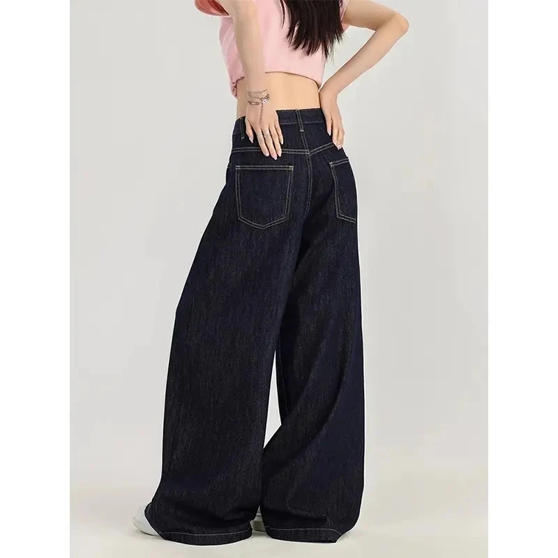 美式复古深蓝色阔腿牛仔裤女2025春季新款休闲慵懒垂感高腰拖地裤