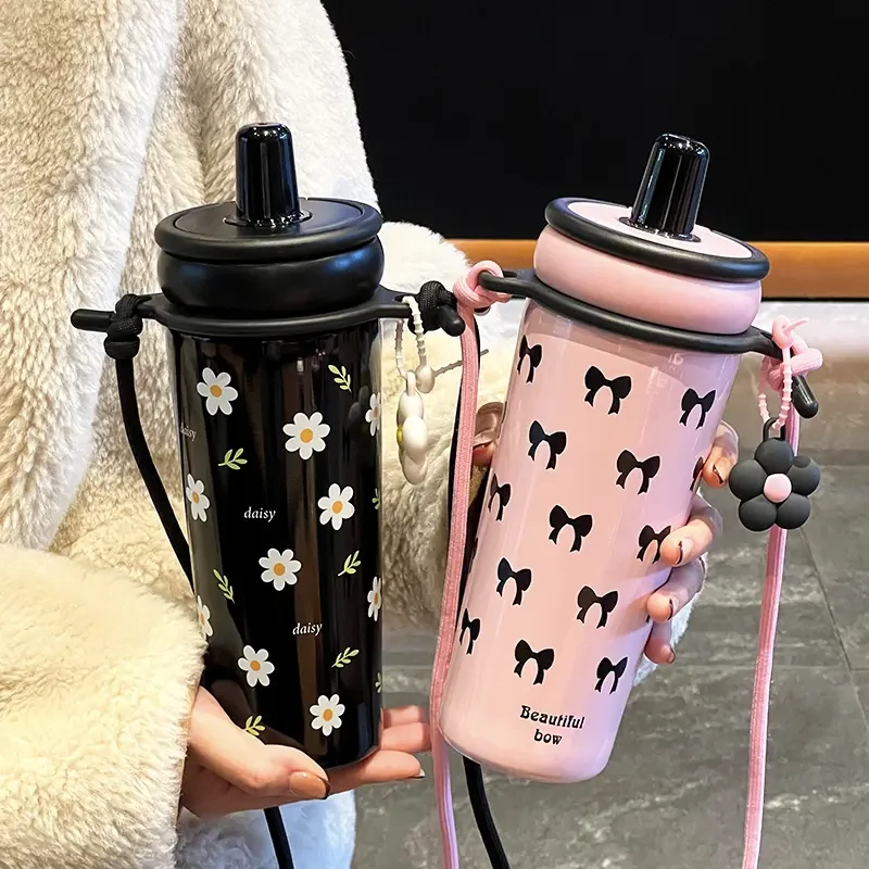 新款高颜值保温杯吸管杯带背带带提手大容量带茶仓女生陶瓷覆层2