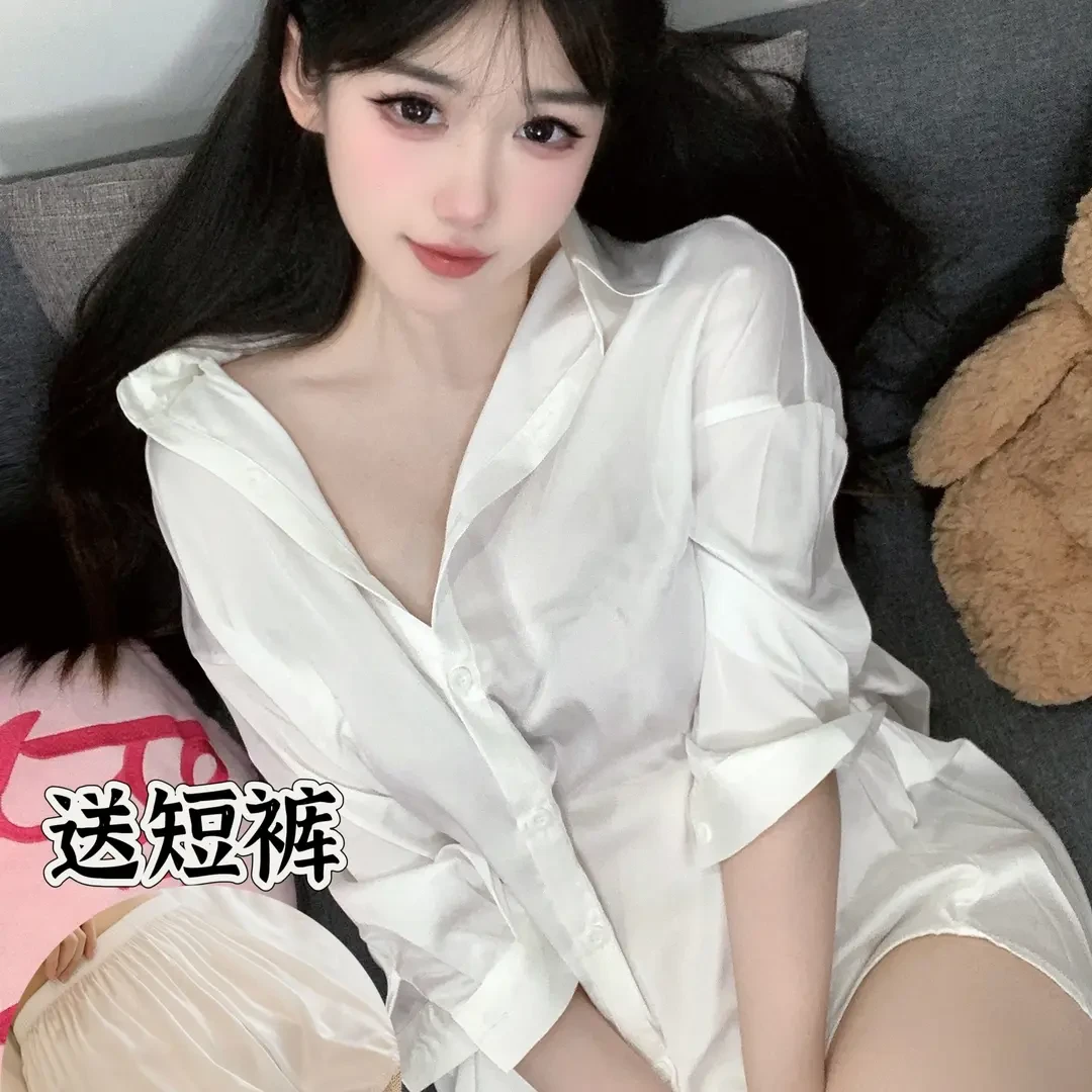 2025新款睡衣女白色冰丝衬衣男友风白衬衫睡裙性感上衣女款白衬衣