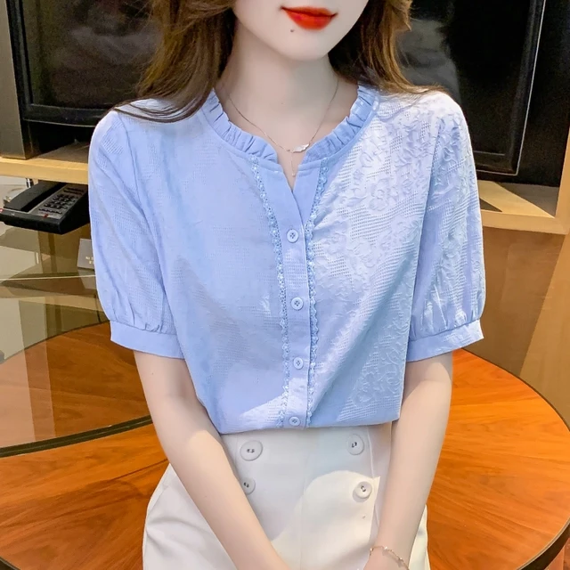 夏季2025年新款木耳领棉衬衫女洋气棉提花刺绣薄款上衣女短袖