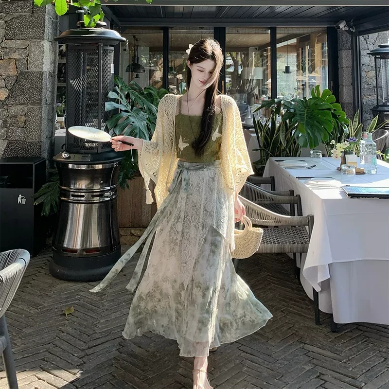 新中式国风套装夏季云南旅游穿搭女装开衫吊带水墨半身裙子三件套