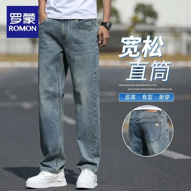 Romon/罗蒙复古牛仔裤男士夏季薄款宽松直筒大码2025新款休闲长裤