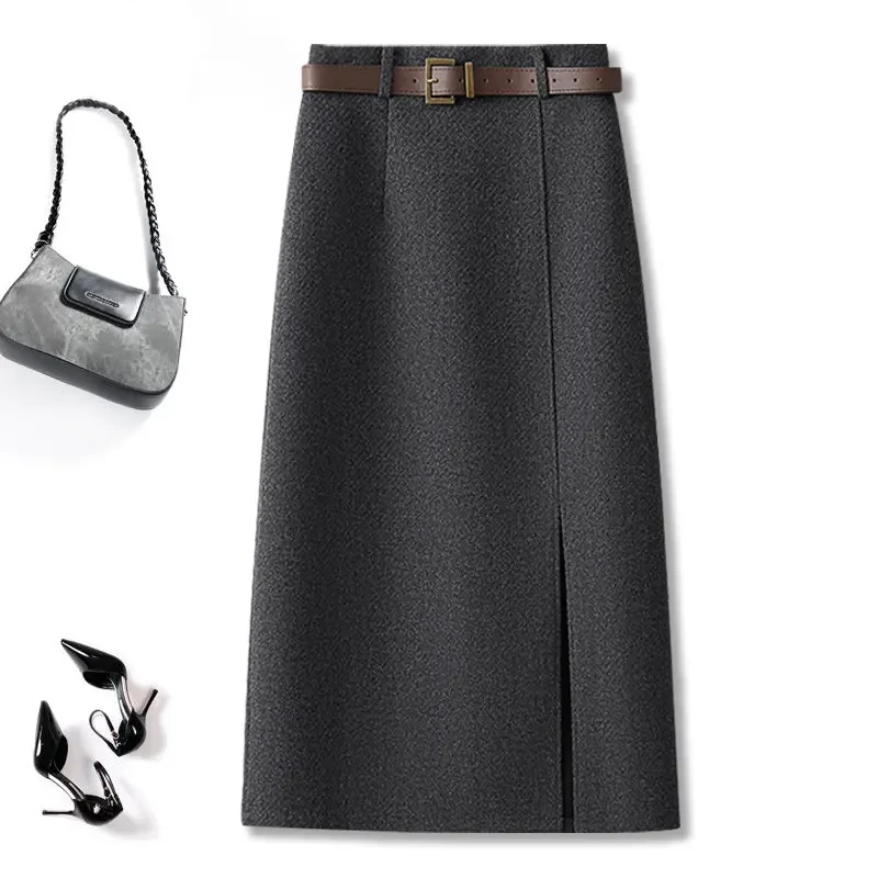 拉夏贝尔灰色a字半身裙女秋季2025新款超好看直筒开叉西装包臀裙