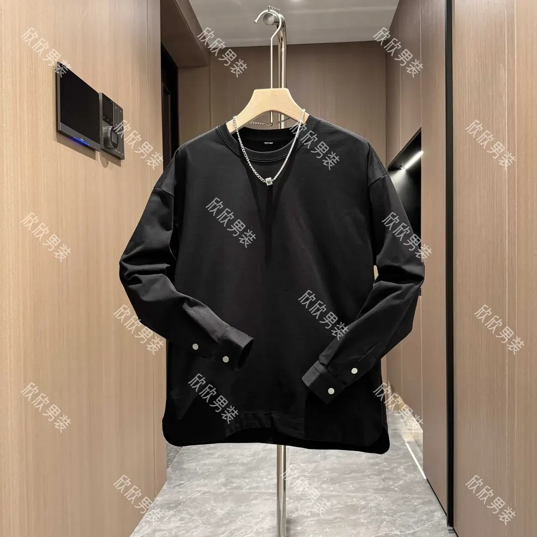 纯棉双扣衬衫袖开剪拼接潮流时尚男士休闲卫衣