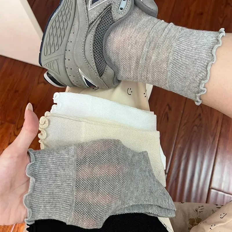 2025网红爆款灰色袜子女夏季薄款中筒袜网眼透气花边木耳边堆堆袜