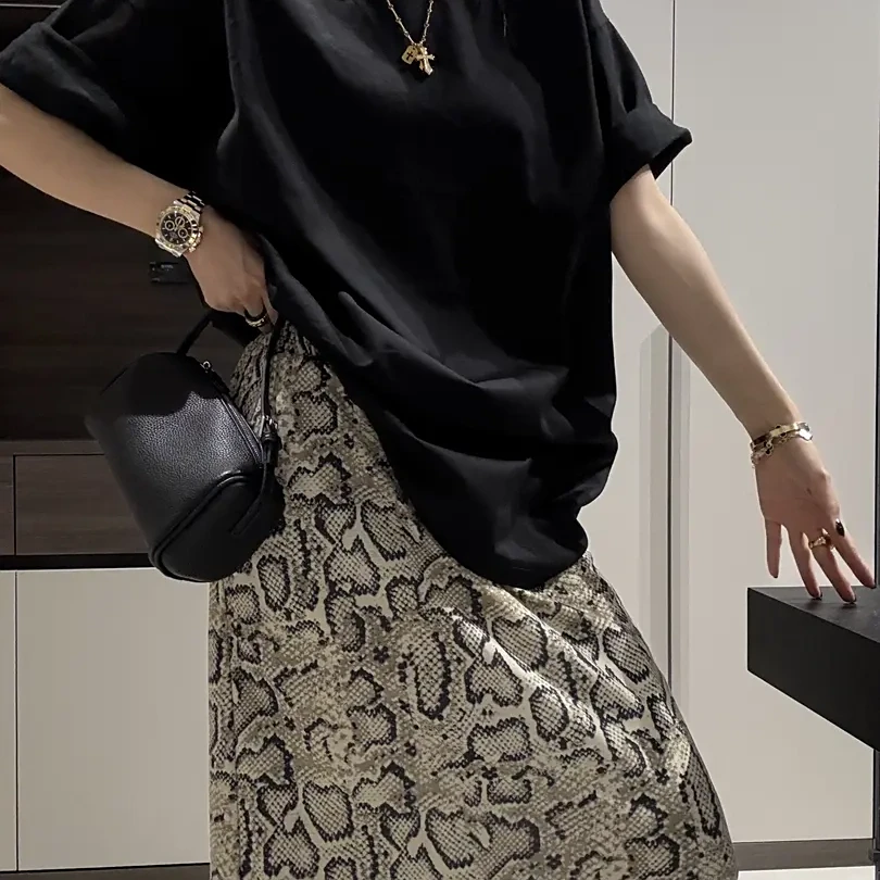 【夹子】蛇纹印花宽松慵懒设计感长款半身裙女2025新款百搭气质长裙