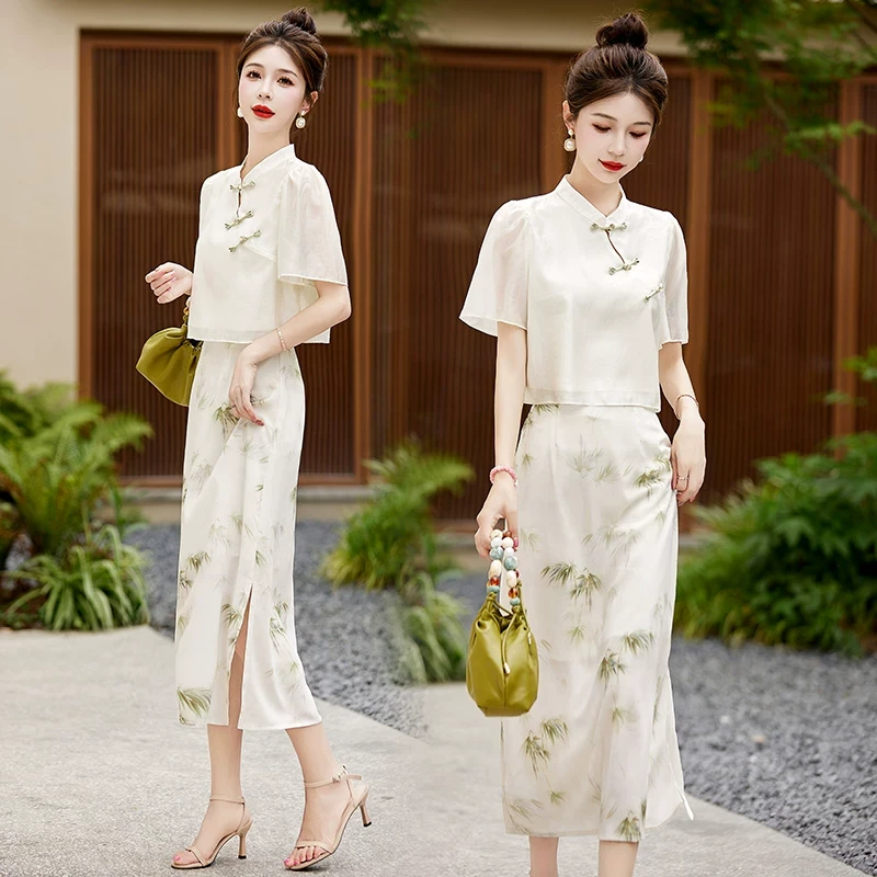 新中式改良旗袍套装裙女2025夏季新款盘扣上衣水墨画半身裙两件套