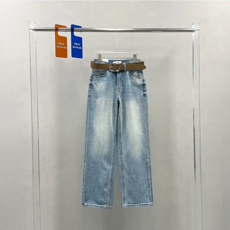 M.Lady蕾迪欧货浅蓝色牛仔裤女春季新款高腰无弹窄版直筒裤17079