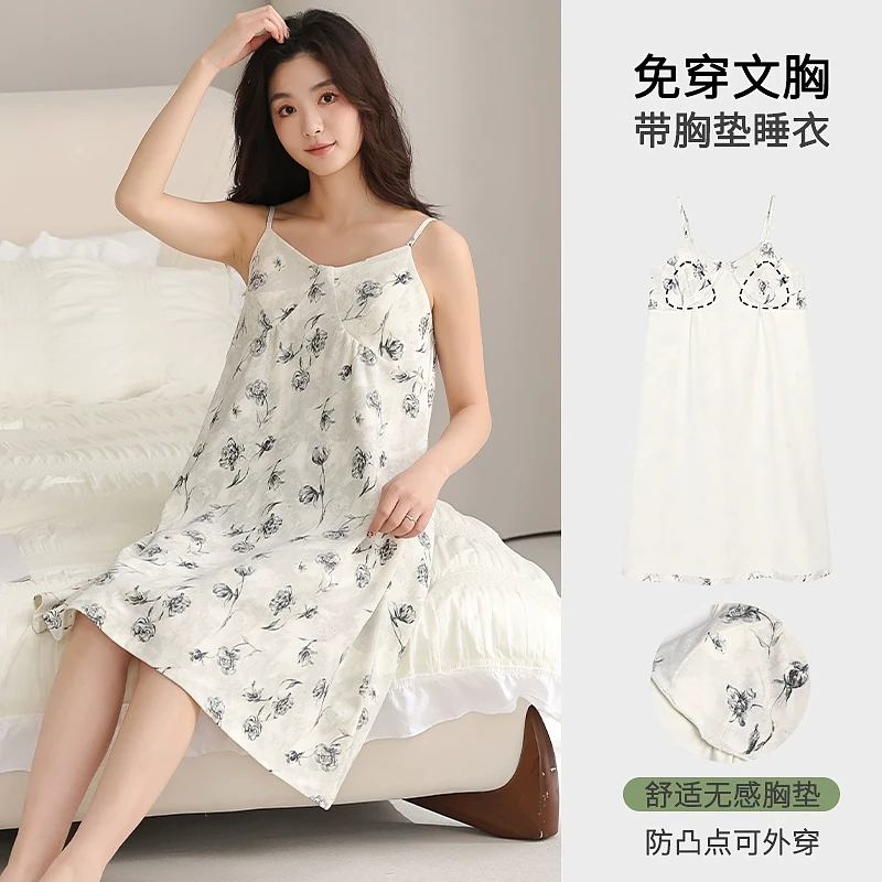 带胸垫睡裙夏季女款纯棉无袖吊带性感睡衣裙子2025新款家居服夏天