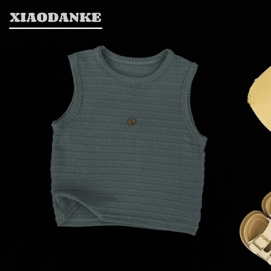 【小蛋壳】儿童夏季新款韩版百搭透气复古宽松小标纯色无袖背心