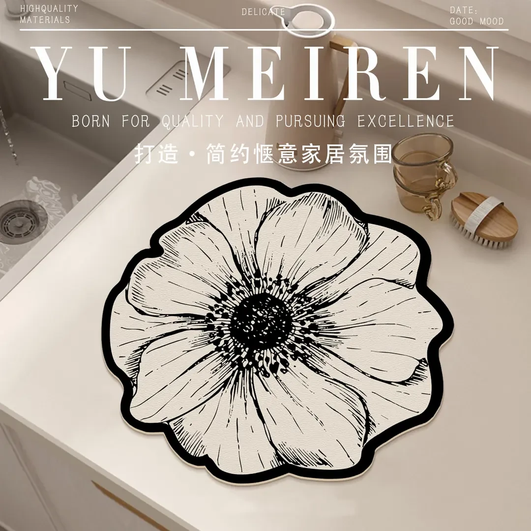 荞芬蔷薇花轻奢沥水垫高级厨房餐具干燥垫台面防滑吸水皮革好打理