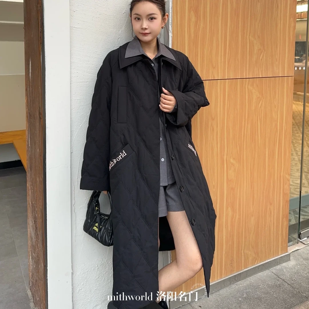 女宽松型翻领长款休闲宽松黑色棉服