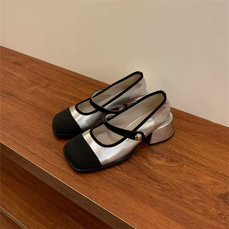 一字带玛丽珍鞋气质拼色方头粗跟单鞋2025春季法式高跟鞋配裙子