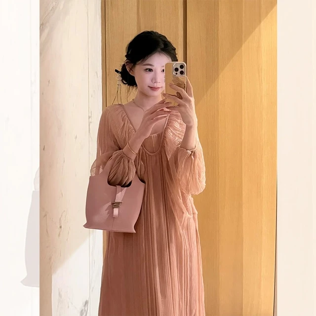 后妈裙专柜撤回气质粉色雪纺连衣裙女2025夏季新款独特超好看宽松