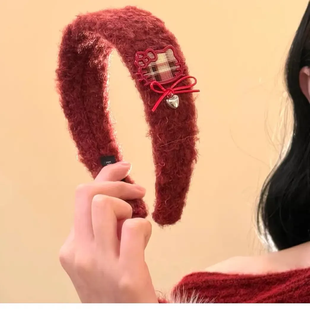 复古毛绒Kitty发箍红色女高颅顶秋冬氛围感发饰头箍