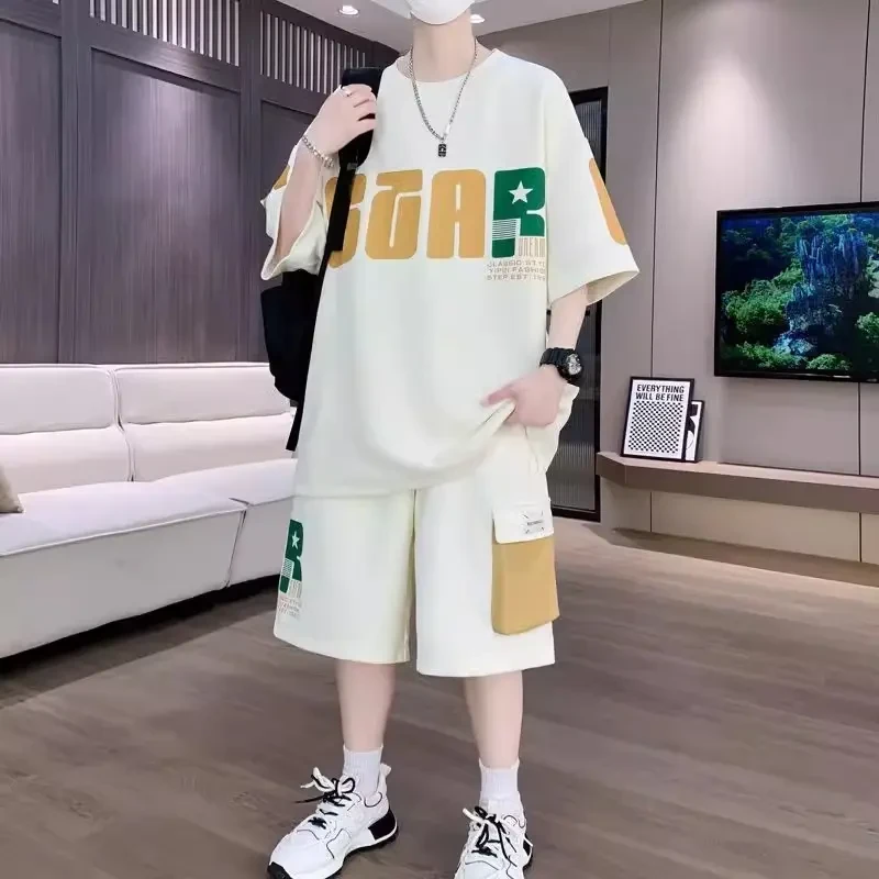 大码新款运动套装男夏季青少年潮流短袖短裤初中高中学生帅气男装