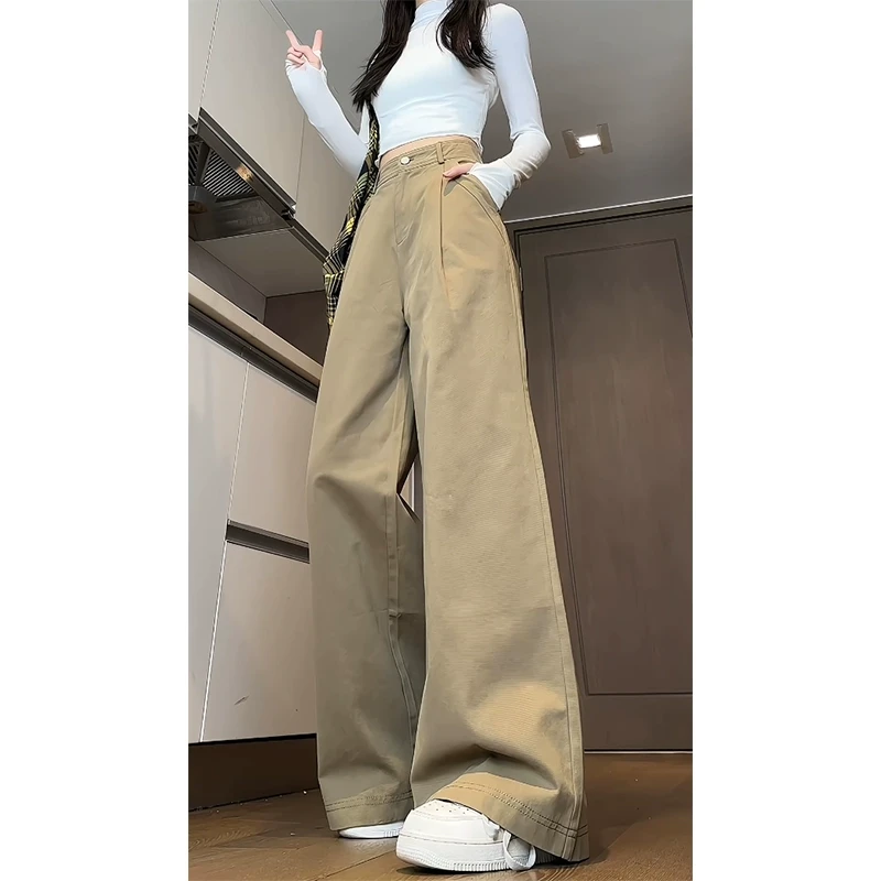 高级感卡其色阔腿西裤男款春季潮牌褶皱老钱风直筒裤子纯棉休闲裤