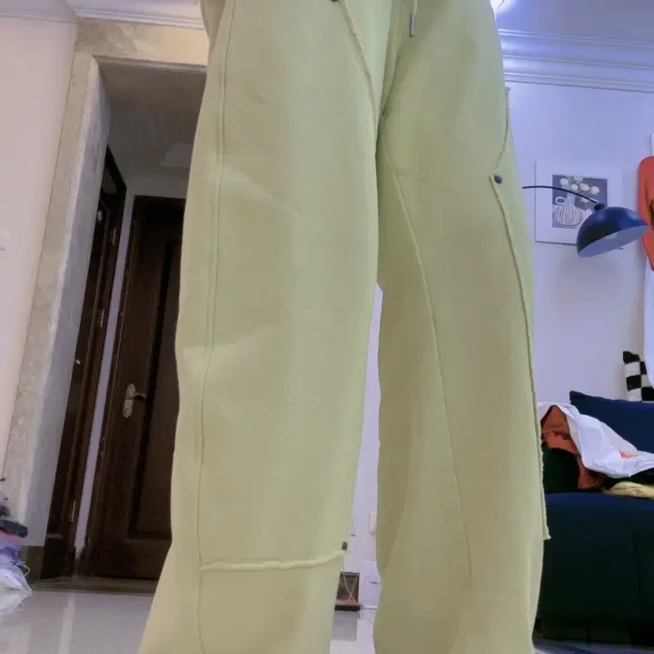 秋季新款高腰加绒显瘦弯刀阔腿休闲卫裤女宽松垂感运动裤子设计感