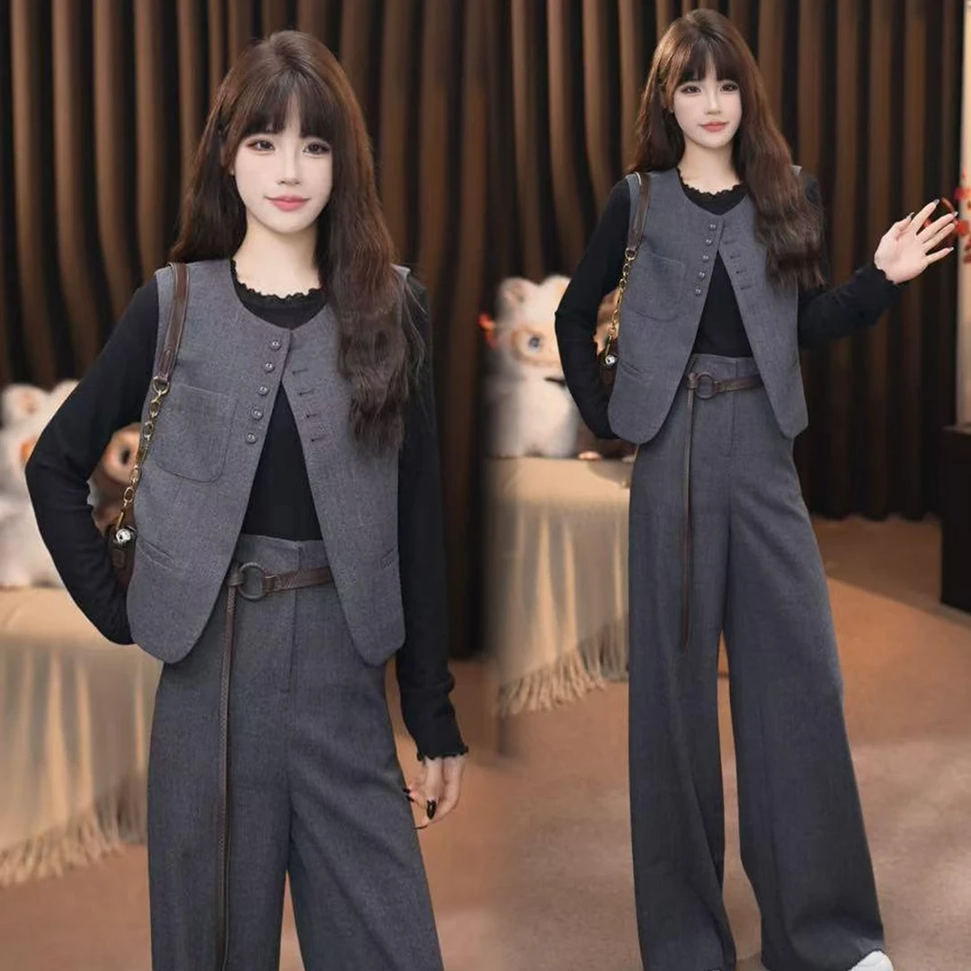 时尚休闲套装女2025秋季新款洋气显瘦西装马甲打底衫阔腿裤三件套