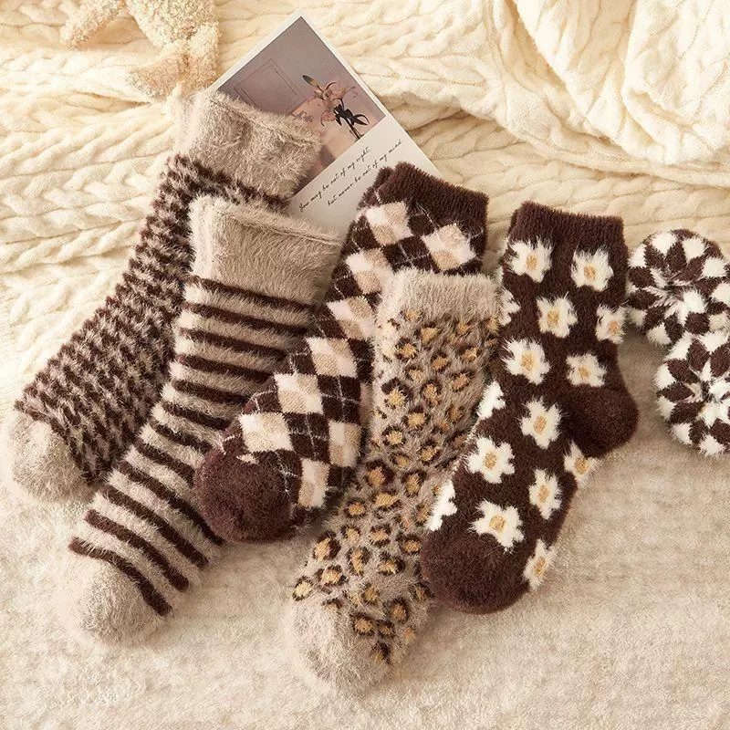 秋冬季降温保暖袜子加绒加厚美拉德睡眠月子袜复古百搭地板袜TTT