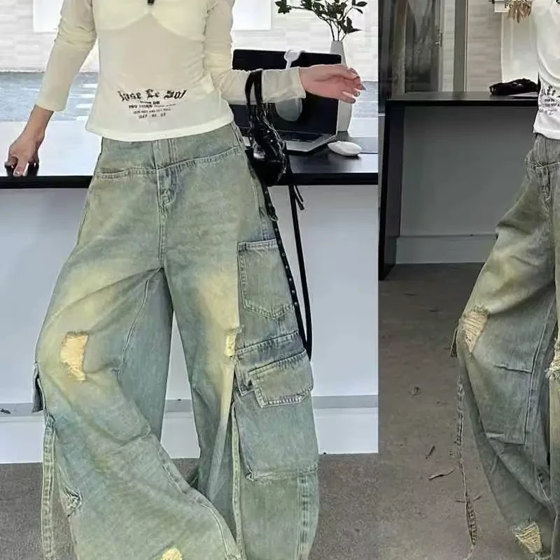美式复古多口袋工装设计感宽松阔腿牛仔裤女春秋新款