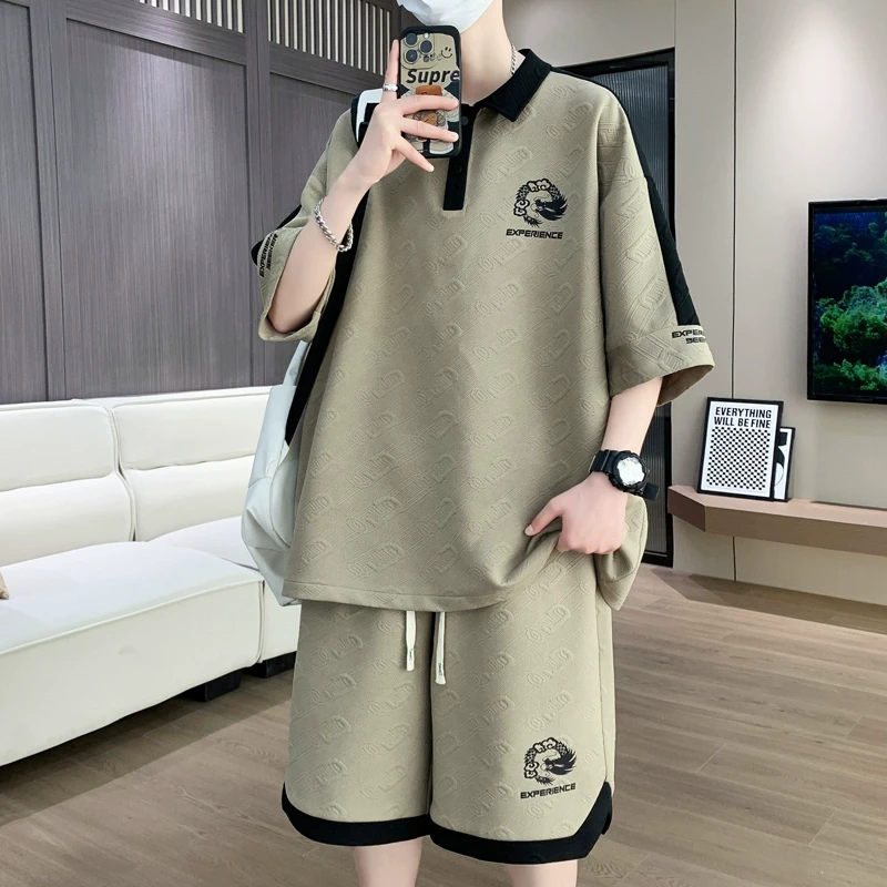 男士polo衫套装短袖短裤一套搭夏季青少年翻领t恤宽松潮流两件套