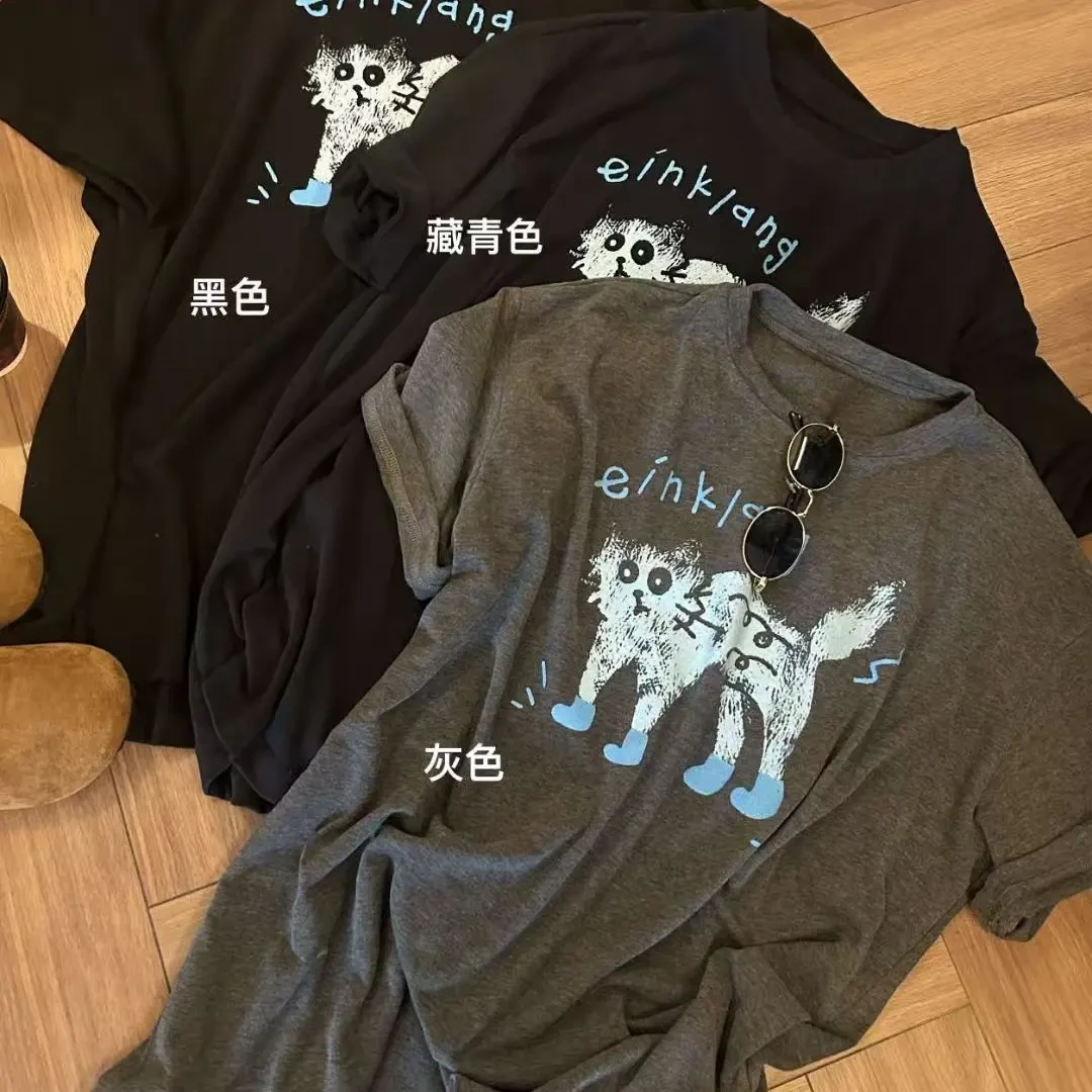 灰灰呀！88373韩代老板娘 复古设计感卡通蓝猫磨毛厚实短袖T恤