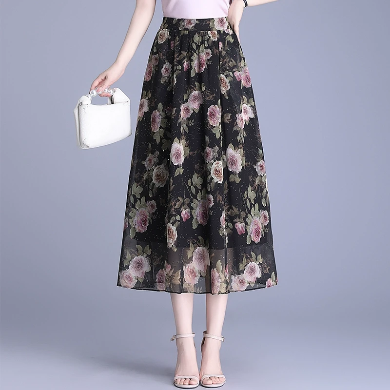 闪闪亮片印花雪纺半身裙女夏中长款洋气中老年高腰显瘦a字大摆裙