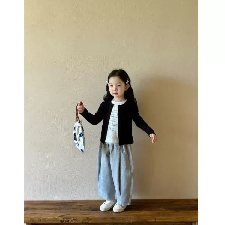 童装女童春装新款纯色花边领针织开衫+儿童灰色休闲卫裤