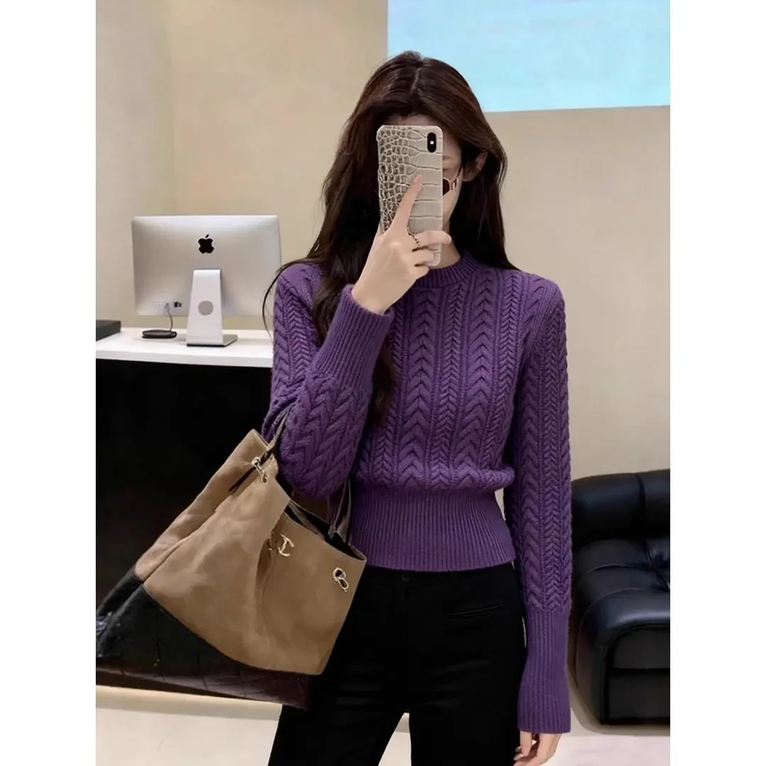 韩系麻花长袖收腰针织衫女秋冬新款修身显瘦毛衣打底百搭头套上衣