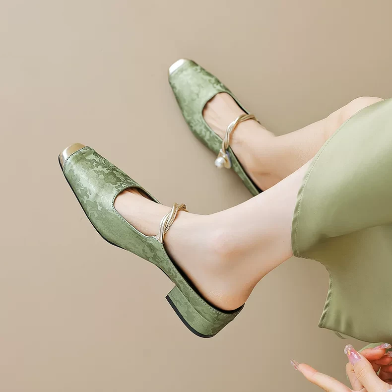 羊皮版法式包头半拖鞋女夏季2025新款外穿一字带中式国风珍珠凉拖