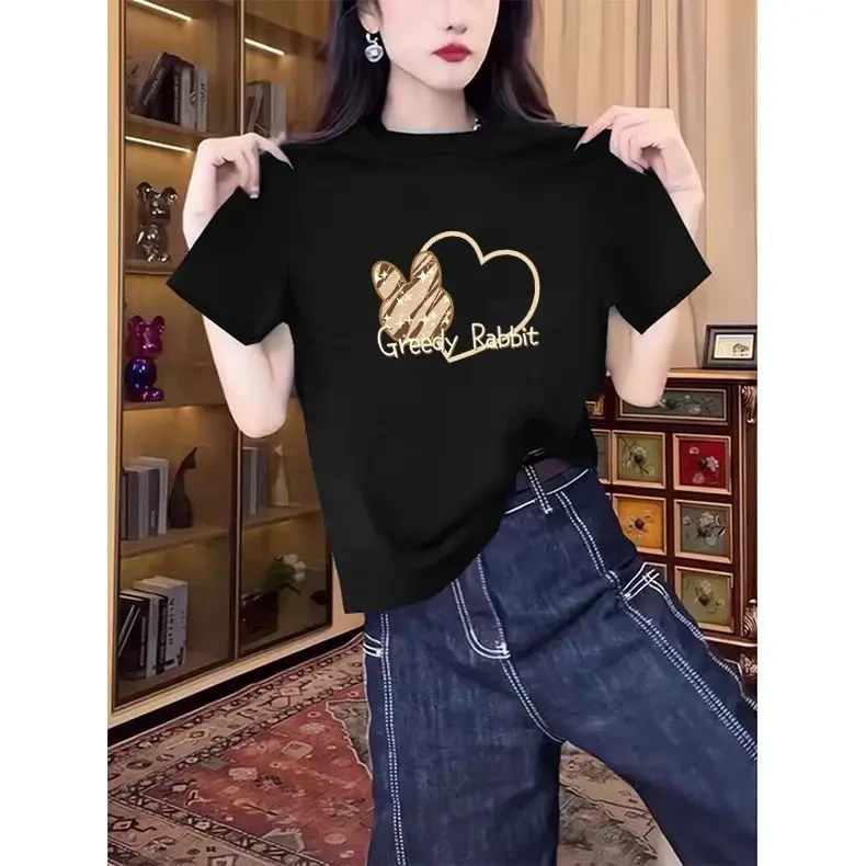 设计感小众正肩圆领短袖t恤女装2025新款时尚百搭黑色上衣夏季潮