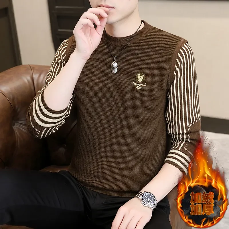 高档男士秋冬季时尚拼接假两件毛衣男时尚休闲针织打底衫品质男装