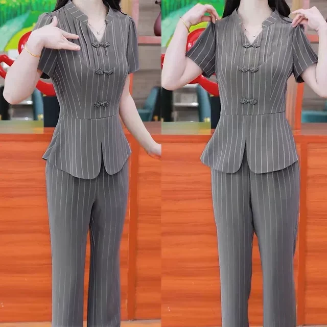 盘扣短袖上衣微喇叭裤子职业两件套2025夏新款气质显瘦国风套装女