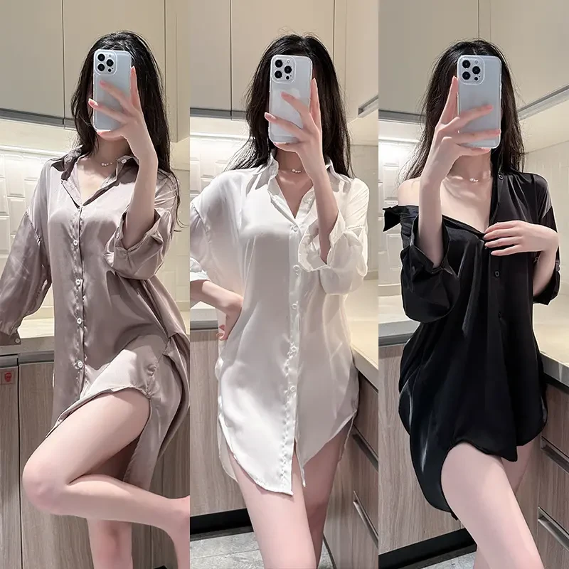 男友风长袖大码透明性感睡衣家居服可外穿纯欲风衬衫睡裙衬衫