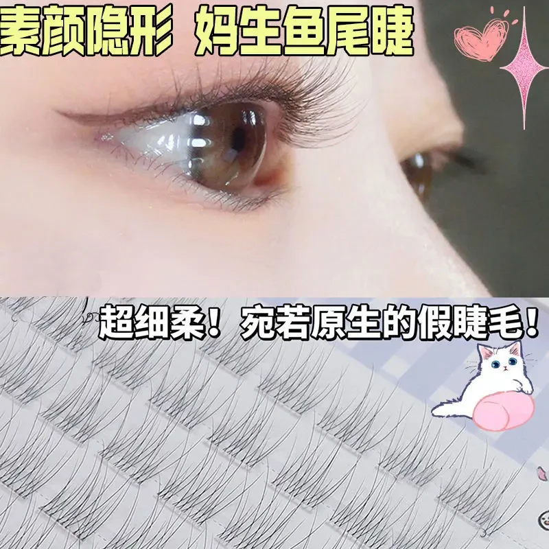 免胶透明无梗鱼尾假睫毛自然分段超自然单簇日常新手懒人素颜仿真