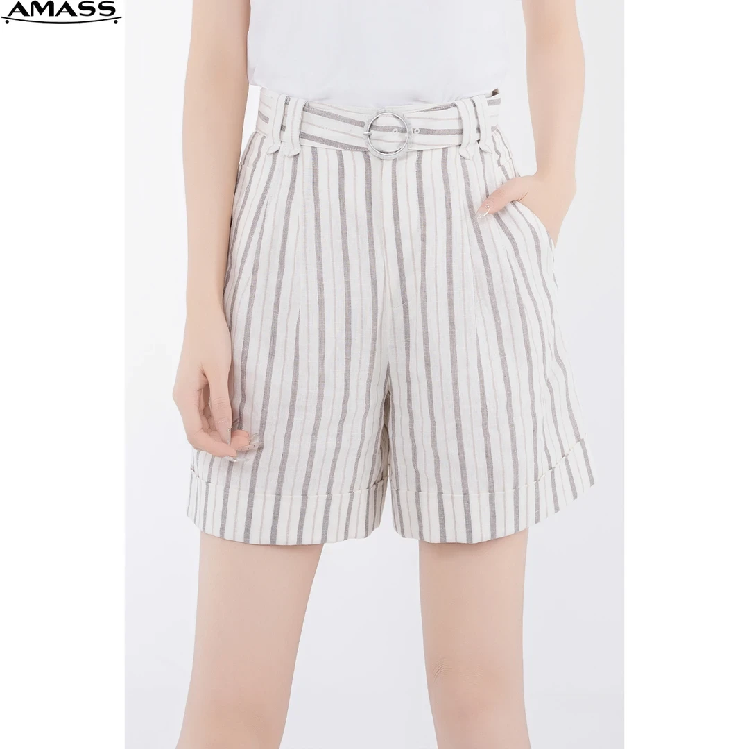 AMASS/阿玛施夏季百搭气质复古时尚休闲条纹亚麻短裤女士5100522
