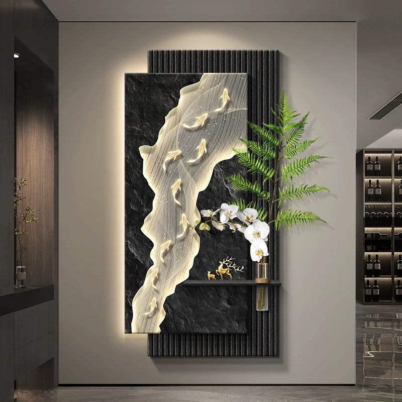 《九鱼图》玄关装饰画轻奢客厅过道走廊水培绿植立体砂岩入户壁挂画