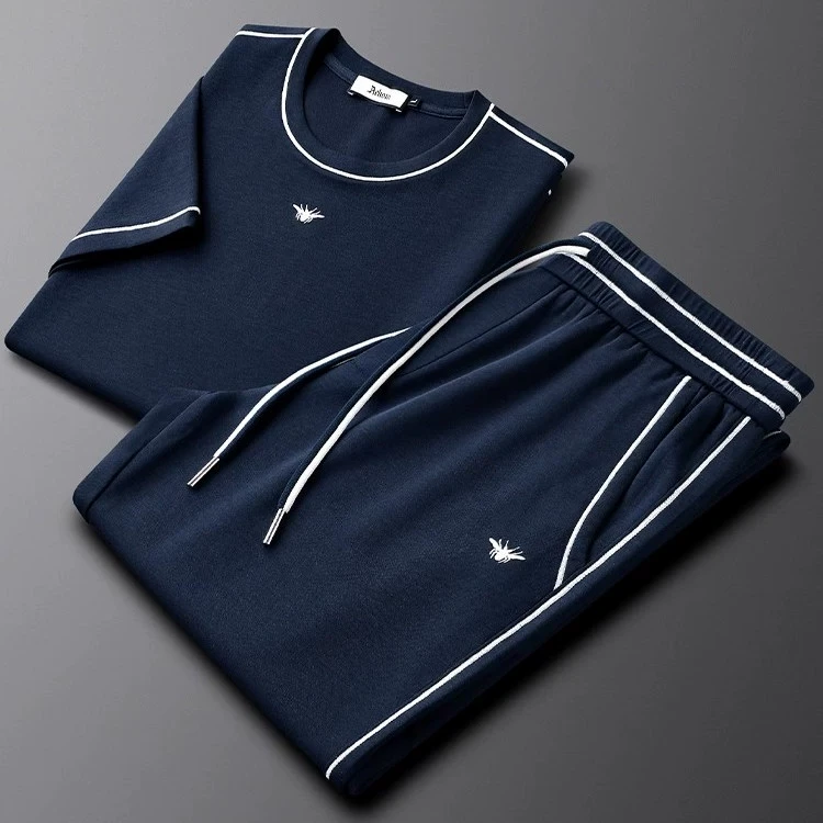 高档莫代尔女休闲运动套装男士夏季薄款潮流蜜蜂刺绣修身两件套男