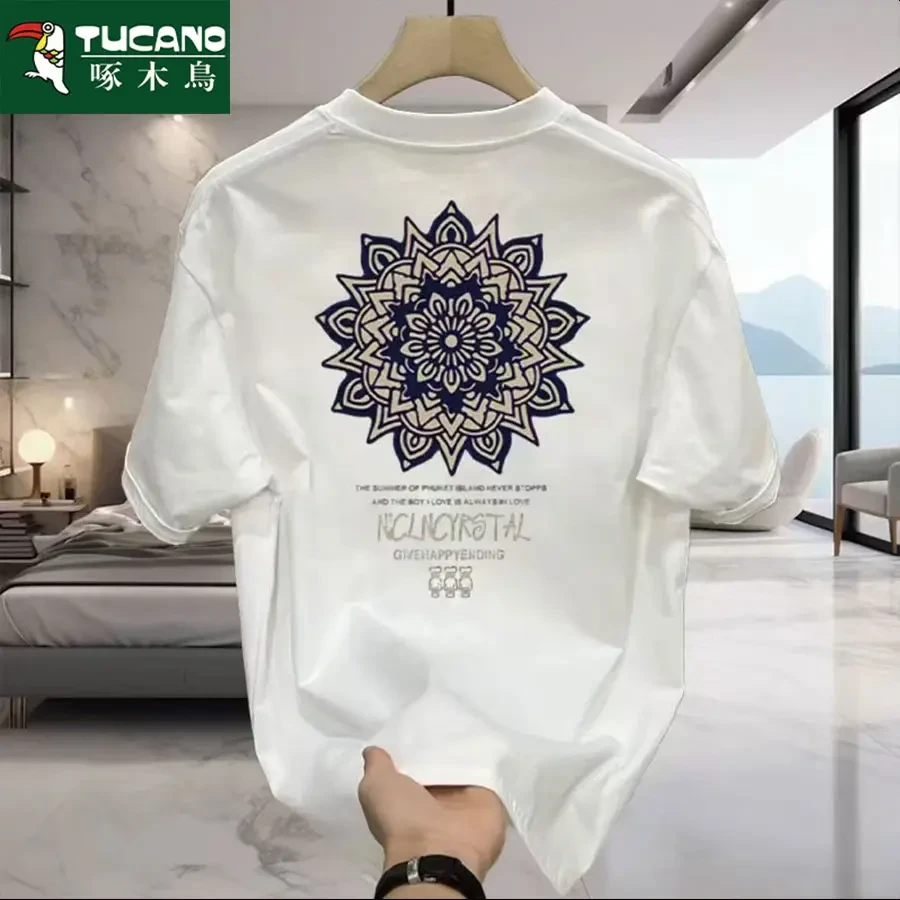 啄木鸟夏季纯棉短袖t恤男女潮流宽松圆领百搭印花大码全棉半袖ins